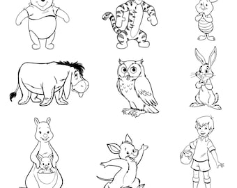 Winnie de Poeh-overzicht SVG PNG-bundel, klassieke Pooh Bear lijntekeningen, clipart, Knorretje Teigetje Iejoor overzichtsbestanden, babyshower digitale download