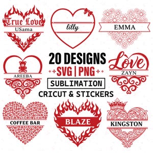 Paquete de archivos SVG de marcos de corazones divididos para nombres: monogramas de corazones personalizados en formato SVG y PNG / Archivo de corte de corazón dividido con nombre de amor para Cricut y Silhouette.