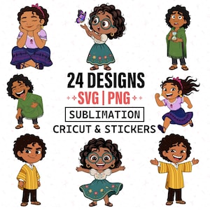 May include: A digital design featuring cartoon characters in various poses. The image includes the text "24 DESIGNS + SVG | PNG + SUBMLIMATION CRICUT & STICKERS". The characters are wearing colorful outfits and have different expressions.