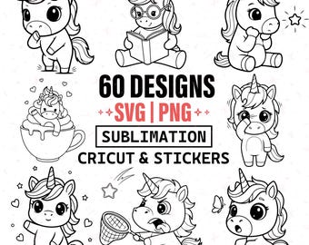 Archivos SVG de corte de contorno de unicornio / 60 diseños para Cricut y pegatinas (descarga digital)