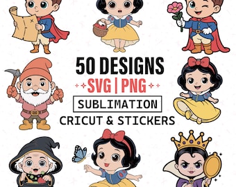 Baby Sneeuwwitje SVG-bundel, prinses png, sprookjesmeisje clipart, Cricut & sublimatie ontwerpen, kinder verjaardag shirt-bestand