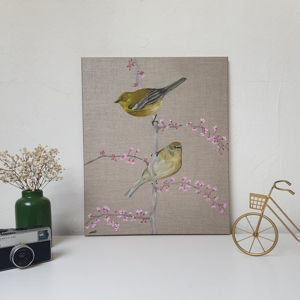 Peinture acrylique sur toile en lin "Oiseaux de nos jardins"