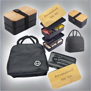 May include: A black lunch bag with a panda logo, a black lunch box with a bamboo lid, and a black lunch box with a bamboo lid that says "Personalised Any tex".
