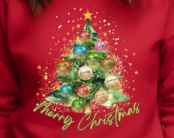 Personalized Family Christmas Tree T-Shirt Sweatshirt or Hoodie with kids names, Gift for Mom, Custom  Children Name, Grandma Nana Holiday