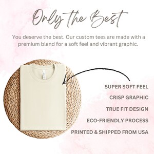 May include: A folded beige t-shirt on a woven mat. The text "Only the Best" is at the top of the image. The text "You deserve the best. Our custom tees are made with a premium blend for a soft feel and vibrant graphic." is below the image. The text "SUPER SOFT FEEL", "CRISP GRAPHIC", "TRUE FIT DESIGN", "ECO-FRIENDLY PROCESS", and "PRINTED & SHIPPED FROM USA" is on the right side of the image.