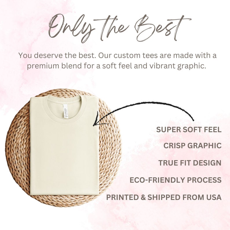 May include: A folded beige t-shirt on a woven mat. The text "Only the Best" is at the top of the image. The text "You deserve the best. Our custom tees are made with a premium blend for a soft feel and vibrant graphic." is below the image. The text "SUPER SOFT FEEL", "CRISP GRAPHIC", "TRUE FIT DESIGN", "ECO-FRIENDLY PROCESS", and "PRINTED & SHIPPED FROM USA" is on the right side of the image.