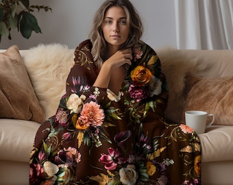 Floral Sherpa Fleece Blanket, Soft Cozy Velveteen Throw, Gift for Mom or Mother's Day, Flower Lover Gift for Grandma, Cottagecore