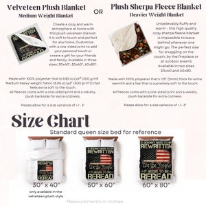 May include: Size chart for a velveteen plush blanket and a sherpa fleece blanket. The chart shows the different sizes available for each blanket style. The velveteen blanket is available in 30x40 inches, 50x60 inches, and 60x80 inches. The sherpa fleece blanket is available in 50x60 inches and 60x80 inches. The chart also includes a standard queen size bed for reference.