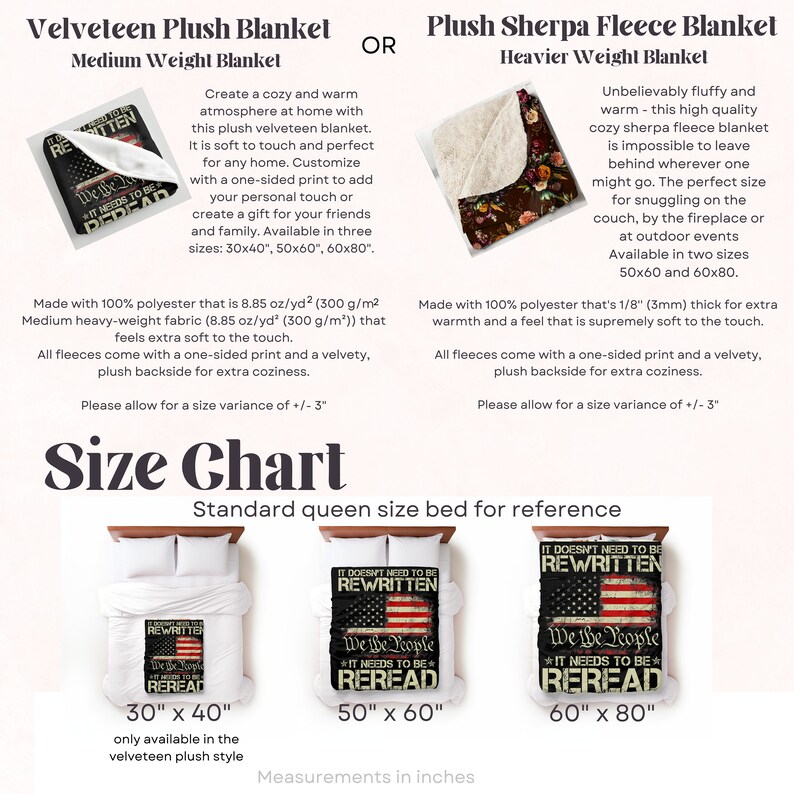 May include: Size chart for a velveteen plush blanket and a sherpa fleece blanket. The chart shows the different sizes available for each blanket style. The velveteen blanket is available in 30x40 inches, 50x60 inches, and 60x80 inches. The sherpa fleece blanket is available in 50x60 inches and 60x80 inches. The chart also includes a standard queen size bed for reference.