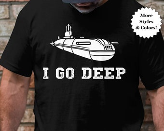 May include: Black t-shirt with a white silhouette of a submarine and the text "I GO DEEP".