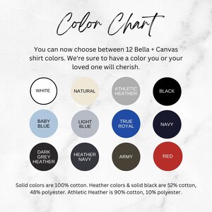 May include: Color chart showing 12 Bella + Canvas shirt colors. The colors are: White, Natural, Athletic Heather, Black, Baby Blue, Light Blue, True Royal, Navy, Dark Grey Heather, Heather Navy, Army, and Red. Solid colors are 100% cotton. Heather colors and solid black are 52% cotton, 48% polyester. Athletic Heather is 90% cotton, 10% polyester.