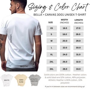 Puede incluir: Una camiseta unisex blanca Bella + Canvas 3001. La imagen incluye una tabla de tallas y colores con medidas en pulgadas para las tallas XS a 3XL. La tabla tambi&eacute;n muestra opciones de color: blanco, arena y athletic heather.