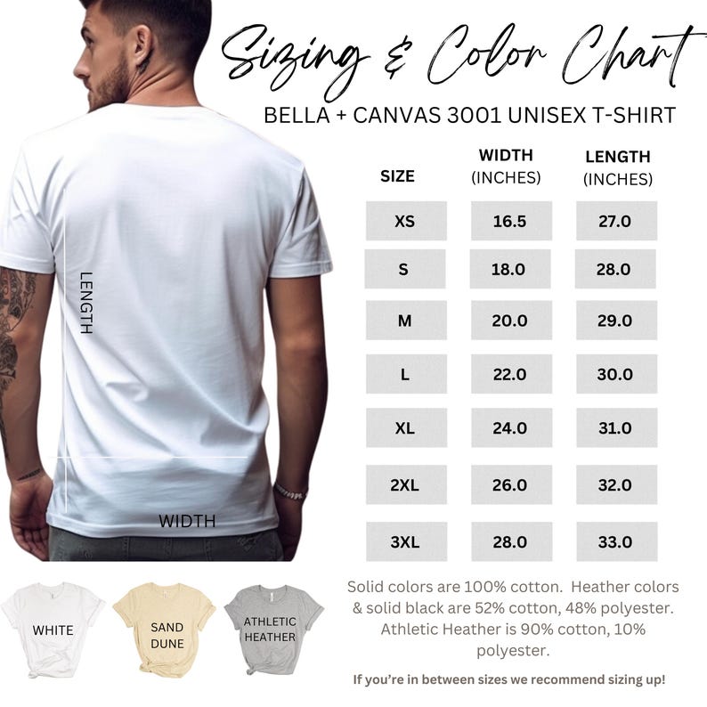 Puede incluir: Una camiseta unisex blanca Bella + Canvas 3001. La imagen incluye una tabla de tallas y colores con medidas en pulgadas para las tallas XS a 3XL. La tabla tambi&eacute;n muestra opciones de color: blanco, arena y athletic heather.
