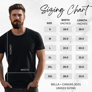 May include: Unisex sizing chart for Bella + Canvas 3001 t-shirts, showing width and length measurements in inches for sizes S through 3XL.