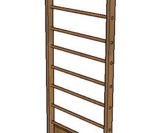 May include: A wooden wall-mounted pull-up bar with a ladder-like design. The bar is made of brown wood and has a series of rungs that are spaced evenly apart. The bar is mounted to the wall with screws.