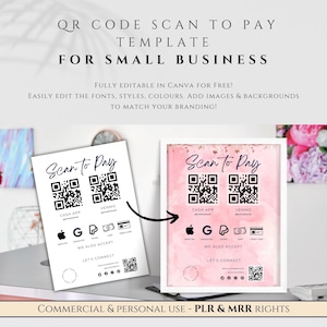 May include: A printable template for a scan to pay sign with a pink watercolour background. The sign includes two QR codes, one for Cash App and one for Venmo. It also includes icons for Apple Pay, Google Pay, PayPal, and credit cards. The text on the sign reads "Scan to Pay", "Cash App", "Venmo", "We Also Accept", and "Let's Connect".