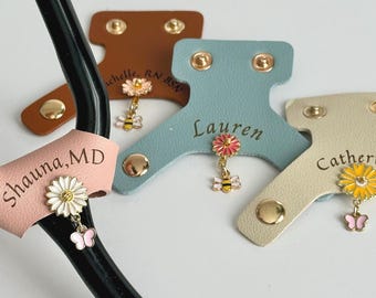 Engraved Leather Stethoscope Name Tag | Flower charm | Personalized Gifts for Nurses and Doctors | Custom Gifts for Nurses