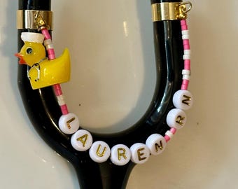 Personalized Stethoscope Name With Cute Duck and Beads: Nurse Gifts Personalized, Junctions Welded for Extra Security