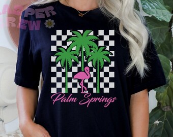 Palm Springs Palmiers flamants roses à carreaux | Chemise Comfort Colors pour l'été