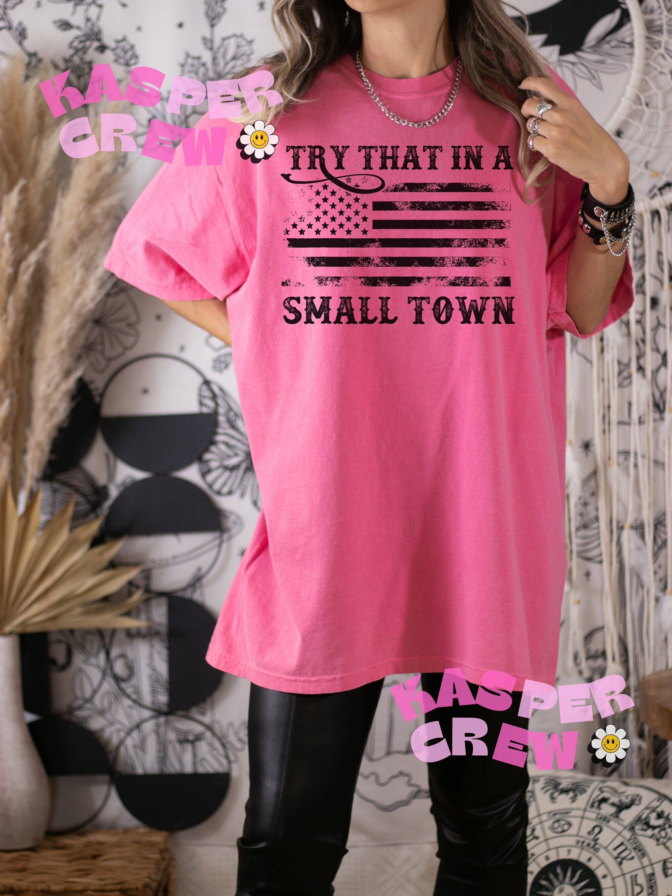 Women's Country Concert T-Shirt - 'Try That In A Small Town' USA Flag Graphic Tee, Loose Fit (Grey-Bleached, XX-Large)