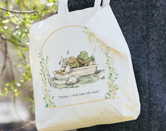 Vintage Classic Book Frog and Toad Tote Bag, Aesthetic Book Lovers Tote Bag, Gift for Reader, Birthday Gift, Today I will Take Life Easy