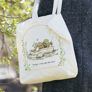 Vintage Classic Book Frog and Toad Tote Bag, Aesthetic Book Lovers Tote Bag, Gift for Reader, Birthday Gift, Today I will Take Life Easy