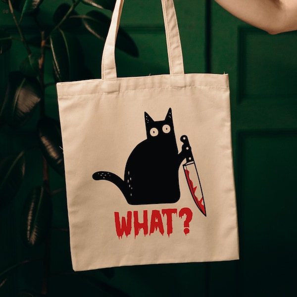 Murder Cat Tote Bag, Aesthetic Tote Bag, Artsy Tote Bag, Cat Bag, Cat Canvas Tote Bag, Black Cat Tote, Funny Cat Tote Bag, What Cat Tote Bag