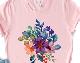 Boho Watercolor Wildflower T-shirt, Floral Garden Tee