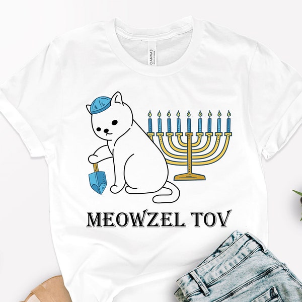 Meowzel Tov Tee, Hanukkah Shirts For Women, Festival Of Lights Tee, Menorah Cat Shirt, Festive Cat Mazel Tov Shirt, Cat Shirt,Chanukah Shirt