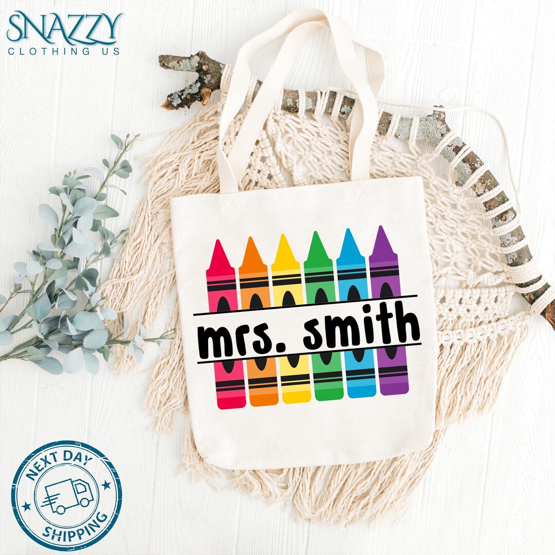 Personalized Teacher Tote Bag With Crayon Name – Custom Teacher Gift ...