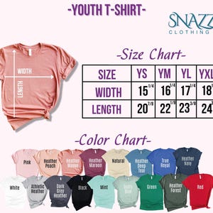 May include: Youth t-shirt size chart with measurements in inches. The chart shows width and length measurements for sizes YS, YM, YL, and YXL. A color chart shows 16 different t-shirt colors.