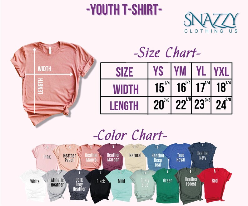 May include: Youth t-shirt size chart with measurements in inches. The chart shows width and length measurements for sizes YS, YM, YL, and YXL. A color chart shows 16 different t-shirt colors.