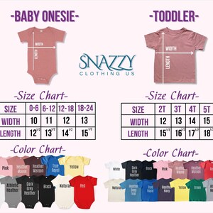 May include: Size chart for baby onesies and toddler t-shirts. The chart shows the width and length measurements in inches for different sizes. The color chart shows a variety of colors available for the onesies and t-shirts, including pink, heather mauve, heather maroon, true royal, yellow, white, dark grey heather, black, natural, red, heather navy, green, and athletic heather.
