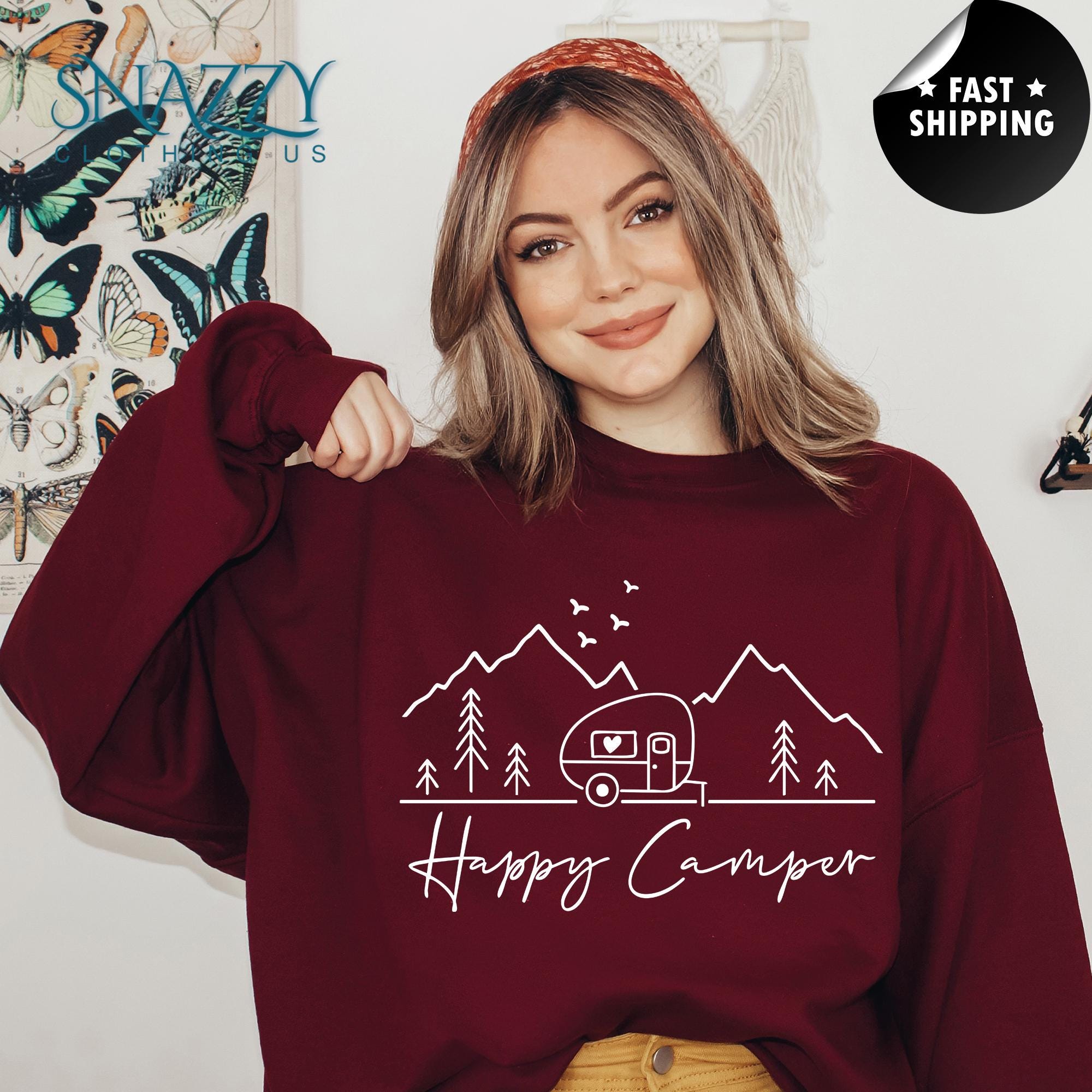 Women's Happy Camper Long Sleeve Tunic Shirt - Letter Print Casual Pullover Top (Green) - View #7