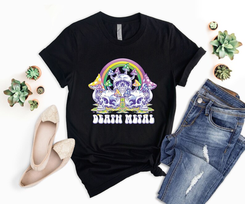 May include: Black t-shirt with a graphic of a rainbow, mushrooms, and skulls. The text "Death Metal" is printed below the graphic.