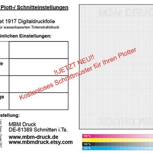May include: A white sheet with a grid pattern and color swatches, featuring text in German. The sheet includes sections for plotter settings and a QR code for ordering. Text includes "Orajet 1917 Digitaldruckfolie."