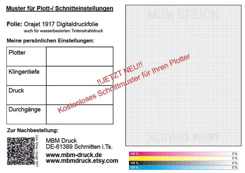 May include: A white sheet with a grid pattern and color swatches, featuring text in German. The sheet includes sections for plotter settings and a QR code for ordering. Text includes "Orajet 1917 Digitaldruckfolie."