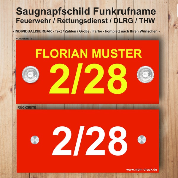 Schild Funkrufname Funk Beschriftung Feuerwehr THW Saugnapfschild DRK Rettungsdienst Fahrzeugidentschild 250 x 100 mm