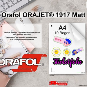May include: A product shot featuring a sheet of A4 sticker paper with the text "A4 10 Bogen" and colorful sticker designs. The brand name "Orafol ORAJET&reg; 1917 Matt" is displayed at the top, along with other text in German.