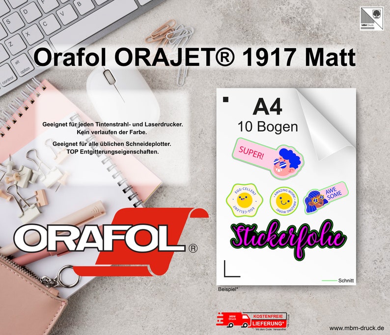 May include: A product shot featuring a sheet of A4 sticker paper with the text "A4 10 Bogen" and colorful sticker designs. The brand name "Orafol ORAJET&reg; 1917 Matt" is displayed at the top, along with other text in German.