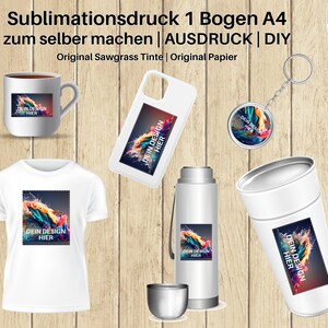 Könnte beinhalten: Eine Auswahl an Sublimationsprodukten, darunter eine Tasse, eine Handyhülle, ein Schlüsselanhänger, ein T-Shirt, eine Thermoskanne und ein Behälter. Jedes Produkt zeigt ein farbenfrohes abstraktes Design mit dem Text "DEIN DESIGN HIER".