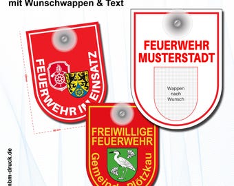 Personalized aluminum suction cup sign "FIRE DEPARTMENT" with logo, crest, vehicle emblem, identification plate, affiliation sign, fire department in action