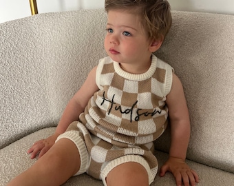 Customized baby Checkered Knit vest and shorts set- Unisex