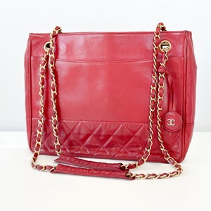 Vintage CHANEL Red Calfskin Classic Shoulder Tote Bag With 