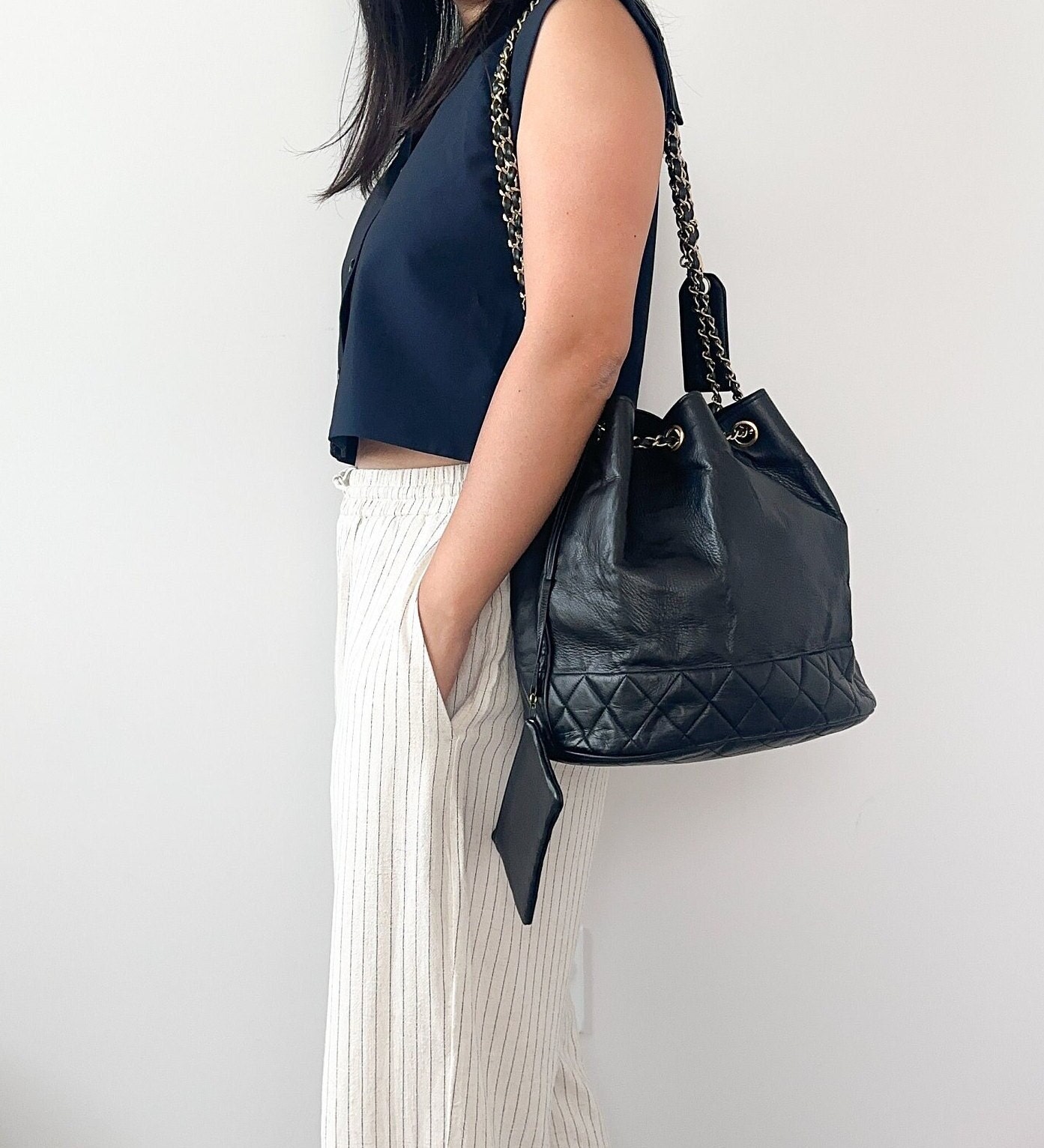 Chanel Vintage Black Bucket Bag - Etsy