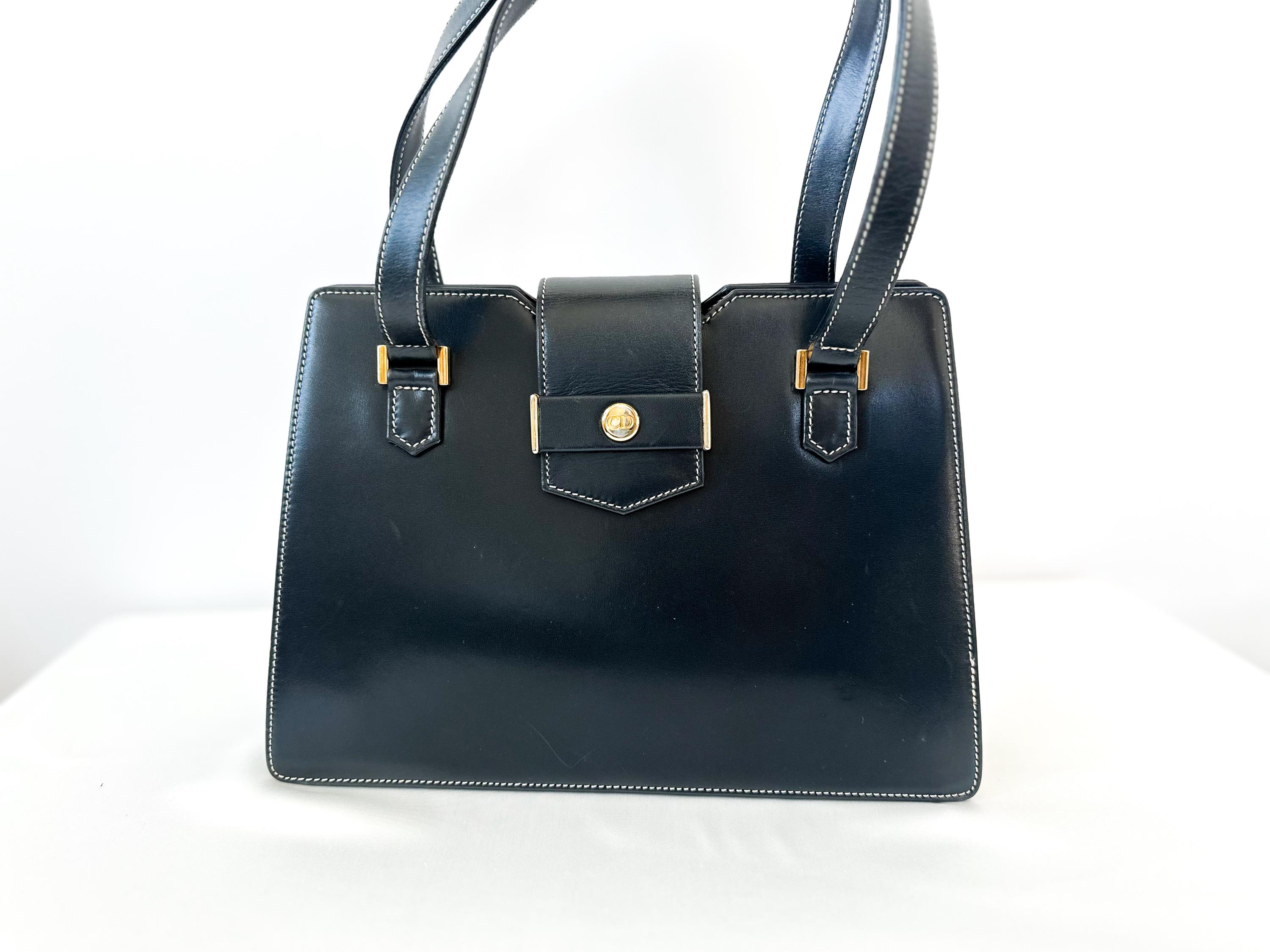 Christian Dior レザー　ヴィンテージ　トートバッグ Vintage Christian Dior Navy Structured Leather Tote - Etsy