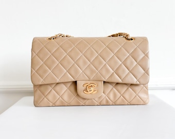 Vintage Chanel Classic Double Flap Bag Quilted Lambskin Medium Beige
