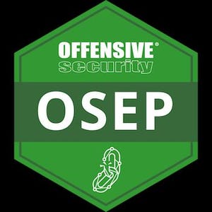 May include: A green hexagonal badge with the words "OFFENSIVE SECURITY" in white at the top. Below, the letters "OSEP" are in large white font. A white graphic of a circuit board is at the bottom.