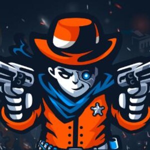 Puede incluir: Ilustración de un vaquero cibernético con sombrero y chaqueta naranja, bufanda azul y placa de sheriff. El vaquero sostiene dos revólveres plateados y tiene un ojo cibernético. El fondo es oscuro con chispas.