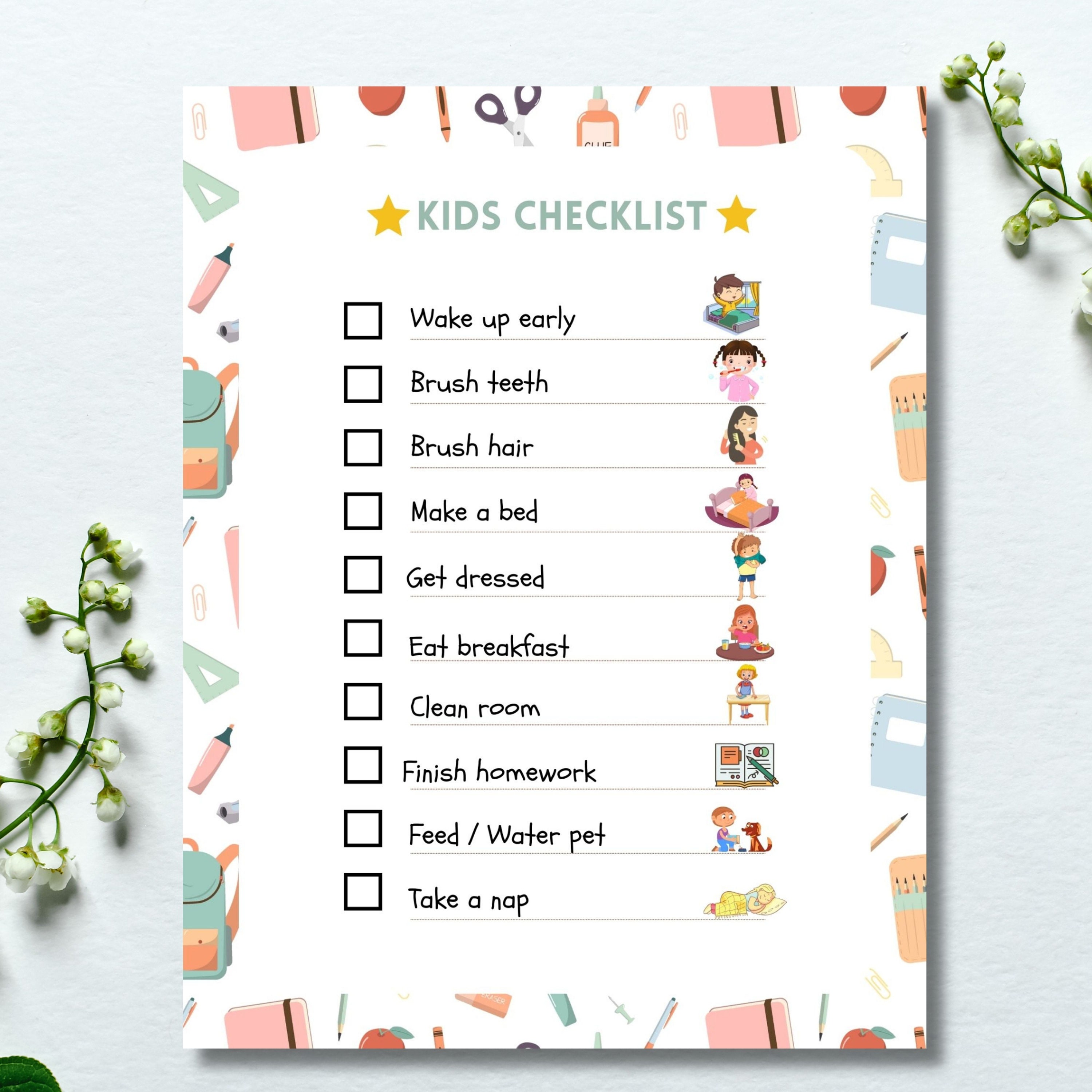 Printable Kids Daily Routine Checklist, Kids Responsibilities Chart ...